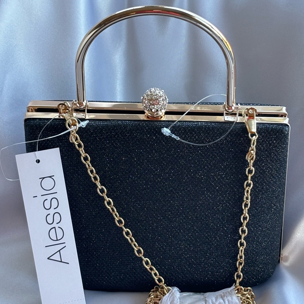 NWT ALESSIA Black Glitter Crossbody Evening Bag/Clutch with Kiss Lock. - Picture 4 of 6